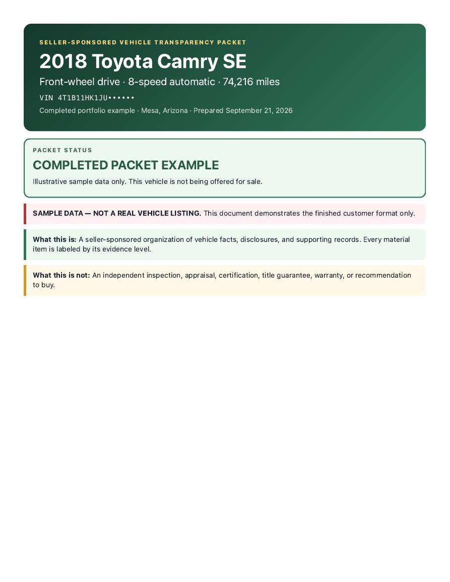 First page preview of a completed sample seller transparency packet